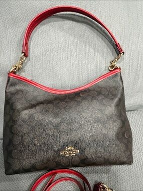 COACH Brown Signature Canvas Shoulder Bag with Red Trim and Strap